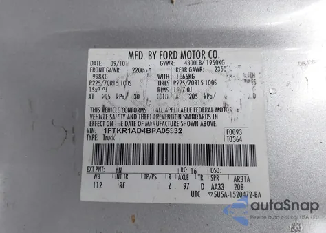 2011 Ford Ranger Xl from USA, damaged, VIN 1FTKR1AD4BPA05332